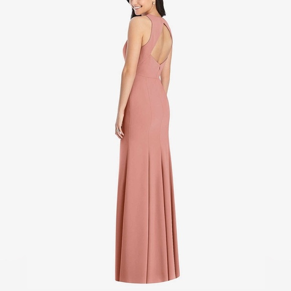 Dessy Collection DIAMOND CUTOUT BACK TRUMPET GOWN WITH FRONT SLIT IN DESERT ROSE - Picture 2 of 12